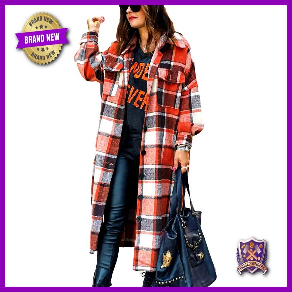 Oversized Flannel Shacket Plaid Button Down Long Shirt Jacket Chic Retro